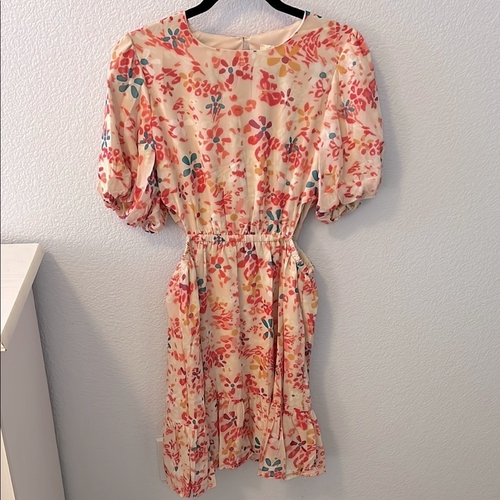 Umgee Orange Pink Below Knee Sundress Puff Sleeve